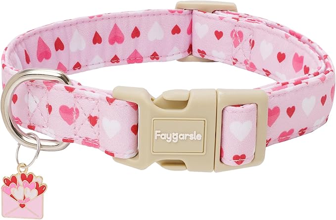 Faygarsle Valentine's Day Dog Collar, Pink with Red and White Hearts Pattern, Adjustable with Quick-Release Buckle and Heart Charm XS