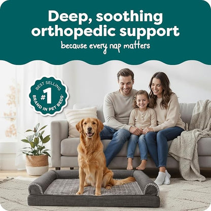 Furhaven Orthopedic Dog Bed for Large Dogs w/ Removable Bolsters & Washable Cover, For Dogs Up to 95 lbs - Luxe Faux Fur & Performance Linen Sofa - Charcoal, Jumbo/XL