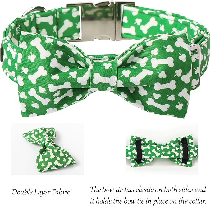 Lionet Paws St. Patrick Green Dog Collar, Bone Dog Collar for Large Dogs, Adjustable Cotton Clover Pet Collars for Medium Large Dogs