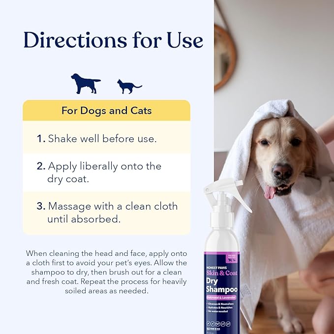 Honest Paws Dog Dry Shampoo - Waterless No Rinse Foaming Formula Reducing Itch Cleanse Hydrate Nourish Dry Skin and Smelly Coat Help Decrease Odor Shedding and Allergies - Oatmeal & Lavender - 8 fl oz