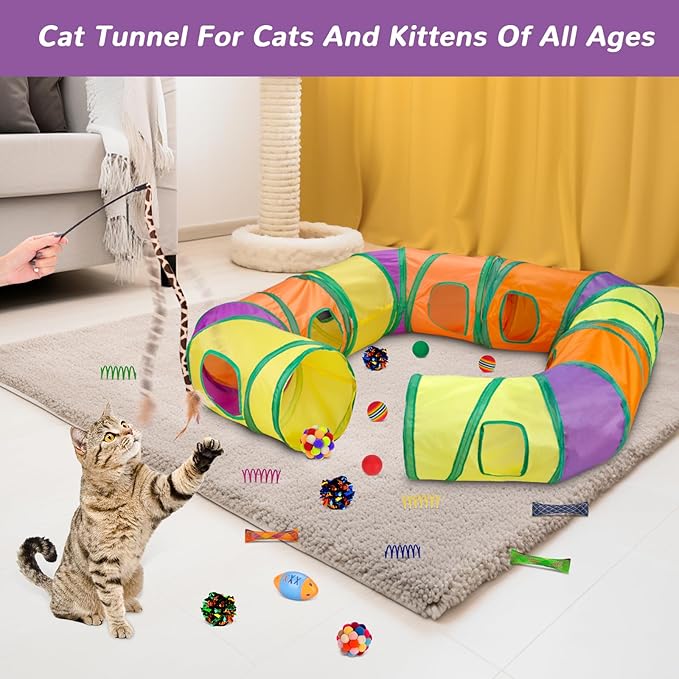 Retro Shaw 25Pcs Cat Toys with Kitten Tunnels, Interactive Kitty Toys for Indoor Cats, Large Cat Tube Tent Feather Wand Teaser Balls Bell Fuzzy Springs Mouse Crincly - Extra Longer Cats Tunnel Set