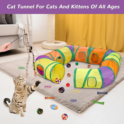 Retro Shaw 25Pcs Cat Toys with Kitten Tunnels, Interactive Kitty Toys for Indoor Cats, Large Cat Tube Tent Feather Wand Teaser Balls Bell Fuzzy Springs Mouse Crincly - Extra Longer Cats Tunnel Set