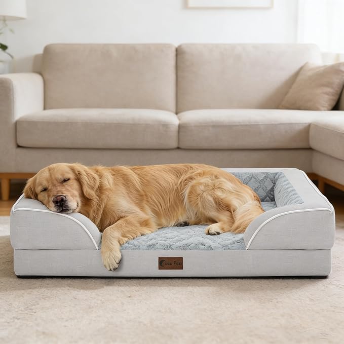 Casa Paw Orthopedic Dog Beds for Large Sized Dogs, Waterproof Memory Foam Large Pet Bed with Sides 35x22Inch, Non-Slip and Egg-Crate Foam Big Dog Couch Bed with Removable Washable Cover, Light Grey
