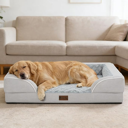 Casa Paw Orthopedic Dog Beds for Extra Large Sized Dogs, Waterproof Memory Foam XL Pet Bed with Sides 42x30Inch, Non-Slip and Egg-Crate Foam Big Dog Couch Bed with Removable Washable Cover, Light Grey