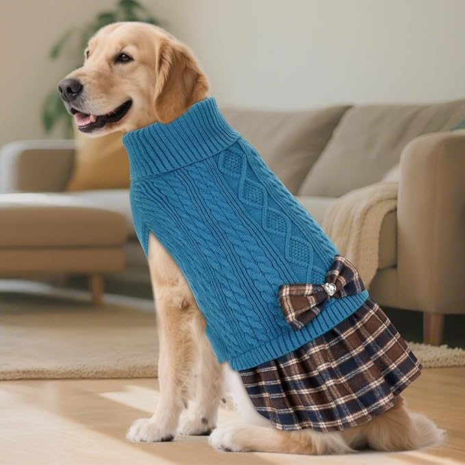 KYEESE Dog Sweater Soft Pullover Dogs Clothes Stretchy Pet Coats Thick Knitwear Pet Sweater Dress Comfy Dog Sweaters for Medium Dogs Boy Warm Turtleneck Pets Sweaters with Bowtie, Blue, XX-Large