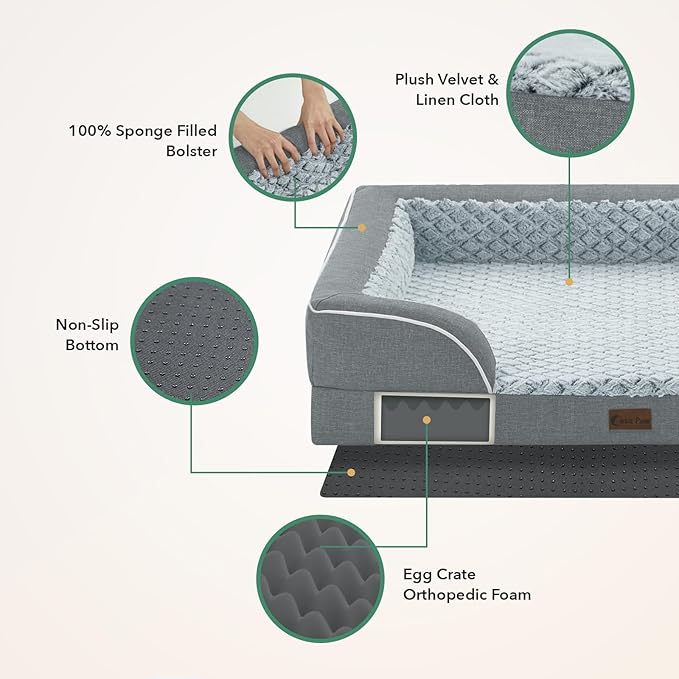 Casa Paw Orthopedic Dog Beds for Large Sized Dogs, Waterproof Memory Foam Large Pet Bed with Sides 35x22Inch, Non-Slip and Egg-Crate Foam Big Dog Couch Bed with Removable Washable Cover, Grey