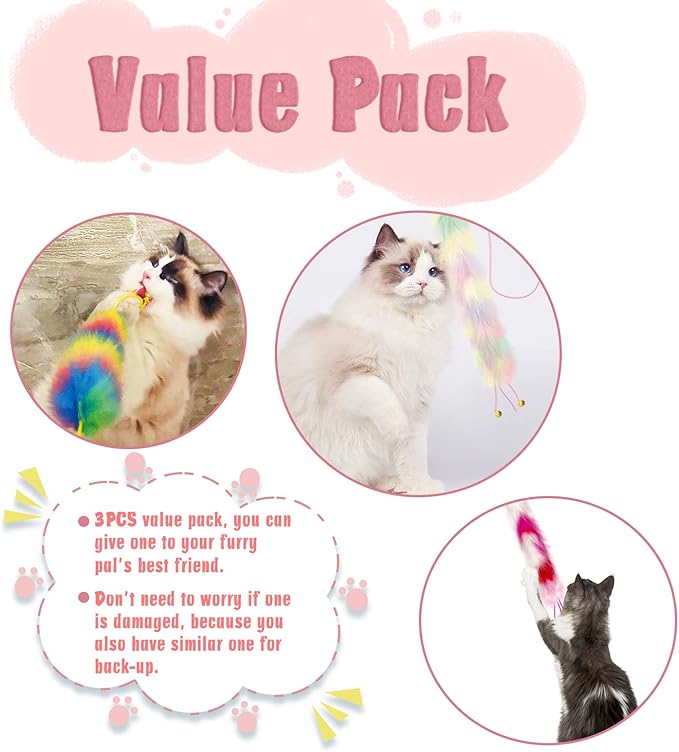 Lepawit 3 Pack Cat Wand Toy, Rainbow Cat Feather Toys with Bells, Teaser Wand with Soft Furry Tail, Interactive Toys for Indoor Cats & Kitten & Kitty