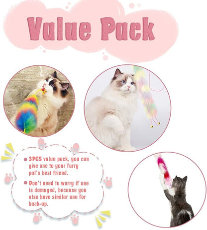 Lepawit 3 Pack Cat Wand Toy, Rainbow Cat Feather Toys with Bells, Teaser Wand with Soft Furry Tail, Interactive Toys for Indoor Cats & Kitten & Kitty