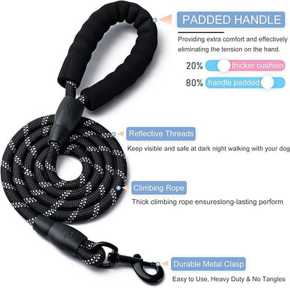2 Pack Dog Leash, 4/5//6 FT Heavy Duty Nylon Rope Pet Leashes with Comfortable Padded Handle, Reflective Dog Leashes for Small Medium and Large Dogs (6FT-3/8,Black/Dark Blue)