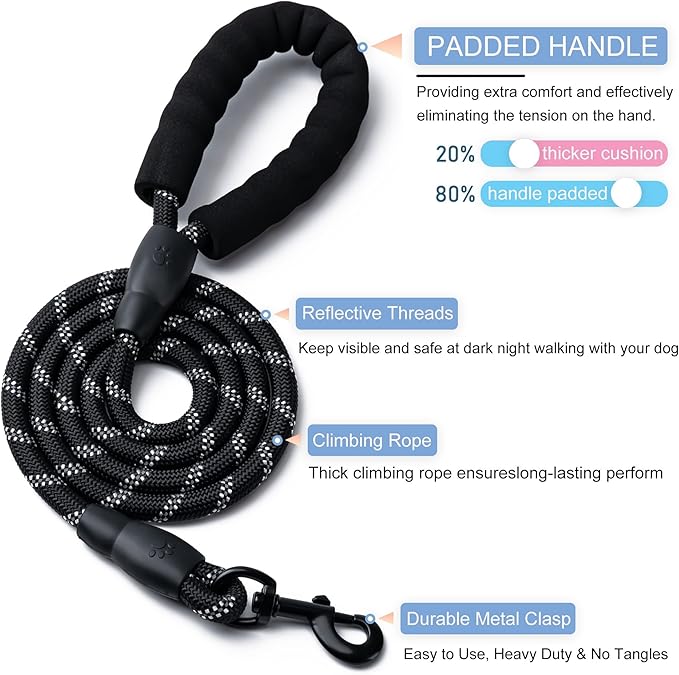 2 Pack Dog Leash, 4/5//6 FT Heavy Duty Nylon Rope Pet Leashes with Comfortable Padded Handle, Reflective Dog Leashes for Small Medium and Large Dogs (5FT-3/8,Black/Red)