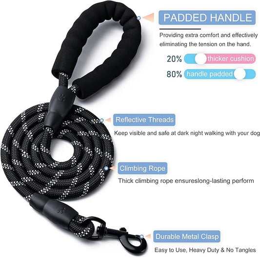 2 Pack Dog Leash, 4/5//6 FT Heavy Duty Nylon Rope Pet Leashes with Comfortable Padded Handle, Reflective Dog Leashes for Small Medium and Large Dogs (4FT-3/8,Black/Pink)