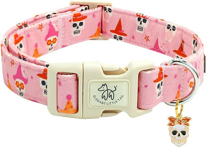 Elegant little tail Halloween Dog Collar, Skull Print Pink Halloween Pet Collars Cotton Soft Sturdy Puppy Collars Holiday Female Adjustable Collar for Medium Dogs