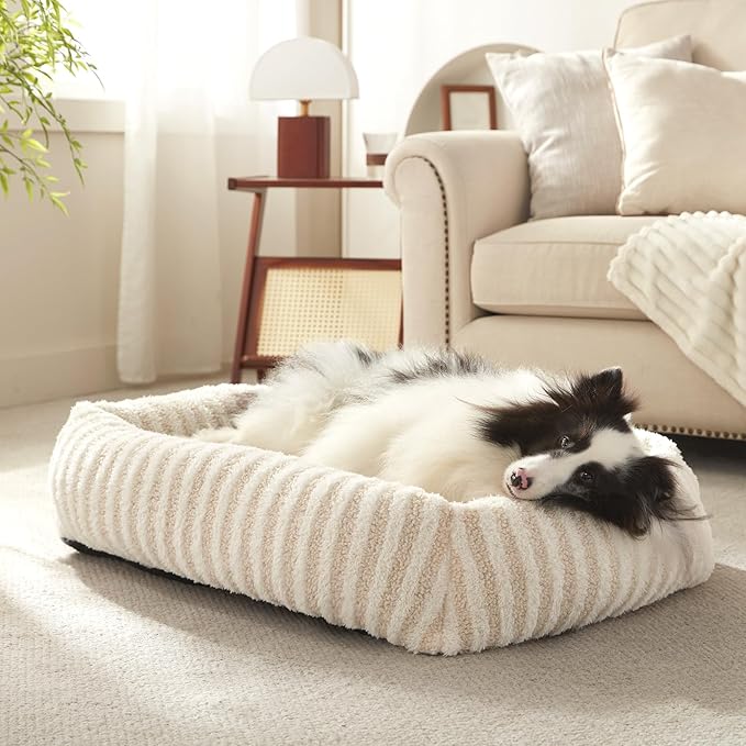 MIXJOY Dog Bed Large Size, Washable Large Dog Beds with Removable Cover, Rectangle Pet Beds for Big Dogs, Soft Warming Calming Pet Bed with Non-Slip Bottom, 36"x27"x8", White