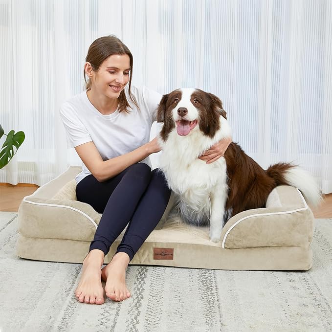 Comfort Expression Orthopedic Dog Bed for Medium Dogs 28x19 Inch, Waterproof Supportive Egg Crate Foam Medium Pet Bed with Removable Bolsters, Dog Couch with Washable Cover & Non-Slip Bottom, Beige