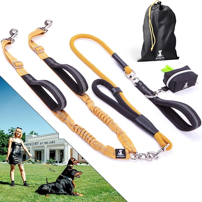 Premium Double Leash for Two Dogs – Shock Absorbing Anti Pull Double Lead for Medium & Large Breeds with Adjustable Dual Leash Attachment for 2 Dogs