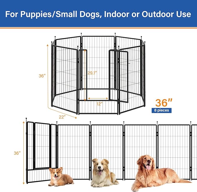 PETREEK Dog Playpen 36 inch 8 Panels for Indoor & Outdoor Use – Heavy-Duty Metal Pet Fence with Ground Stakes, Rounded Ball Tops for Safety, Stable & Foldable Design, Easy to Assemble