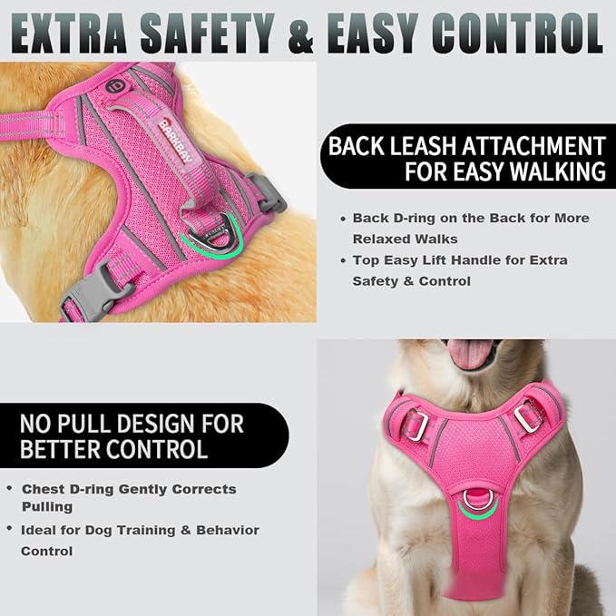 BARKBAY No Pull Dog Harness Large Reflective Dog Harness with Front Clip and Easy Control Handle for Walking Training Running with ID tag Pocket(Pink,XL)