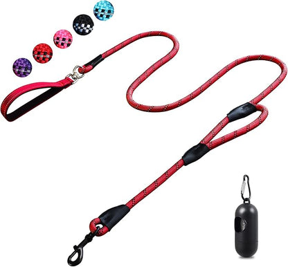 Dog Leash, 6 Foot Dog Leash, 2 Extra Padded Handles, Lockable Metal Carabiner Clip, Reflective No Pull Heavy Duty Rope Lead, Walking, Training, Running, Medium to Large Breeds（Red）