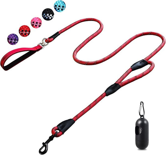 Dog Leash, 6 Foot Dog Leash, 2 Extra Padded Handles, Lockable Metal Carabiner Clip, Reflective No Pull Heavy Duty Rope Lead, Walking, Training, Running, Medium to Large Breeds（Red）