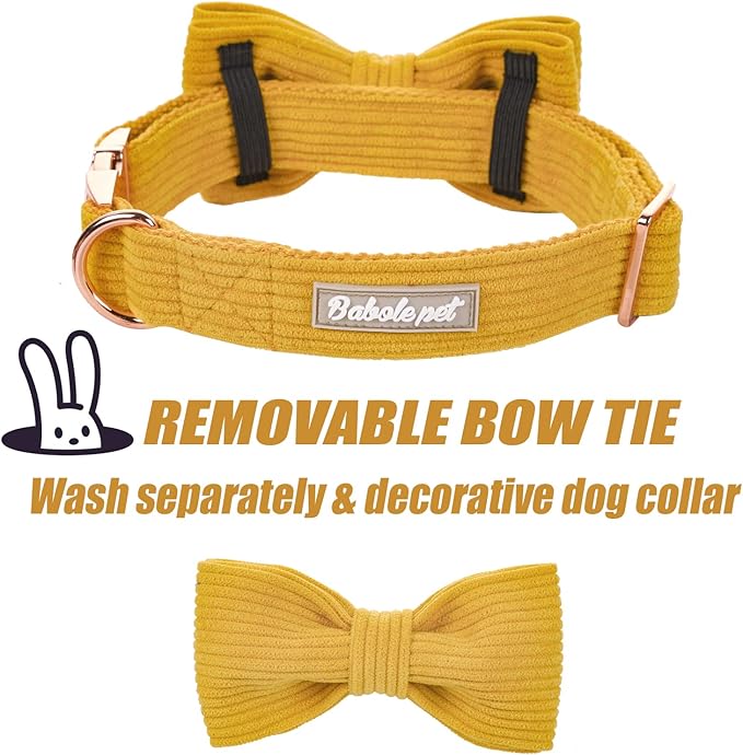 Yellow Dog Collars for Large Dog,Cute Corduroy Dog Collar with Bow Tie Safety Metal Buckle Adjustable Puppy Collars for Small Medium Large Boy&Girl Dogs,L-Neck 16"-24"