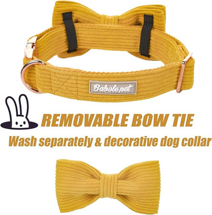 Yellow Dog Collars for Small Dog,Cute Corduroy Dog Collar with Bow Tie Safety Metal Buckle Adjustable Puppy Collars for Small Medium Large Boy&Girl Dogs,S-Neck 10"-16"