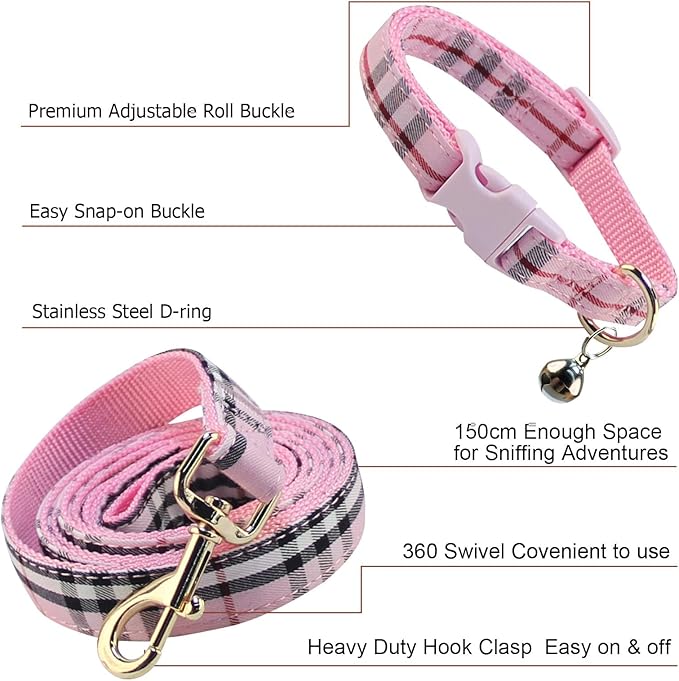 NISIYE Cute Plaid Dog Collar Harness and Leash with Safety Buckle - Adjustable and No Pull Comfortable Dog Collars for Small Puppy, Stylish Durable Gift for Boy Girl Pets