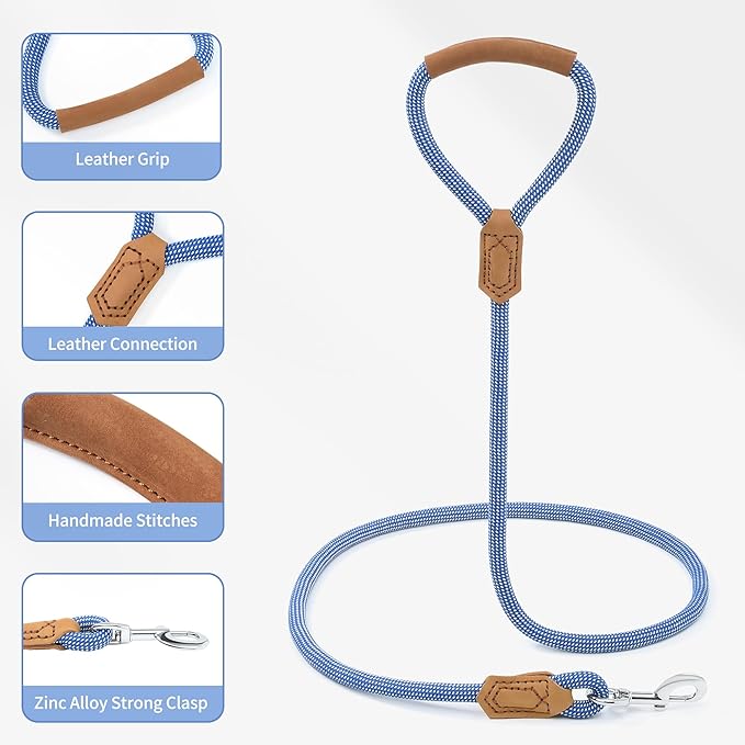 Mile High Life | Premium Leather Dog Leash | Strong Rope Leash | Leather Handle | Zinc Alloy Strong Clasp | Small Medium Large Dogs | 4/5/6 Feet(Blue White, 60 Inch (Pack of 1))