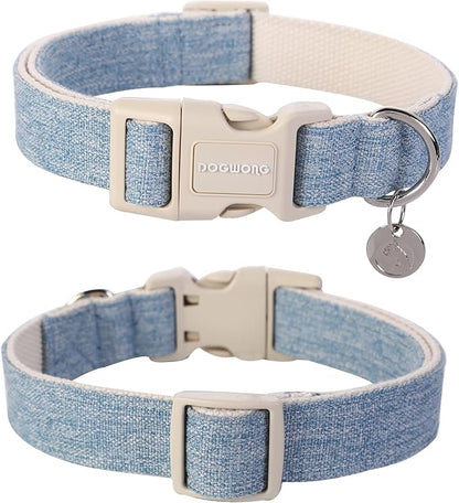 DOGWONG Cotton Hemp Dog Collar, Heavy-Duty Baby Blue Dog Collar Adjustable Soft Natural Fabric Pet Dog Collar Cute Wedding Puppy Necklace for Small Medium Large Dogs