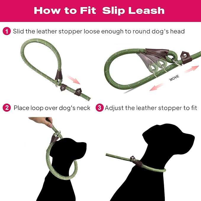 TwoEar 6FT Slip Lead Dog Leash, Heavy Duty Slip Leash for Dogs with Highly Reflective, Strong Rope Slip Leads No Pull Pet Training Leashes for Large Medium Dogs ( 1/2", Green )