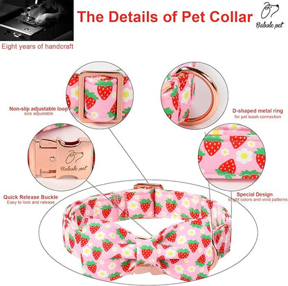 Cute Strawberry Dog Collar with Bow Tie - Adjustable Spring-Summer Pink Bowtie Collar Breathable Comfort Dog Collars for Small Medium Large Dogs M
