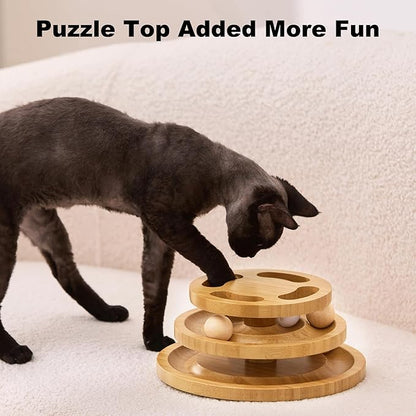 ZOMISIA Cat Ball Track Toy with Puzzle Top and DIY Bell, Wooden Cat Toys for Indoor Cats, Interactive Kitty Ball Tower for Kitten Exercise Mental Physical
