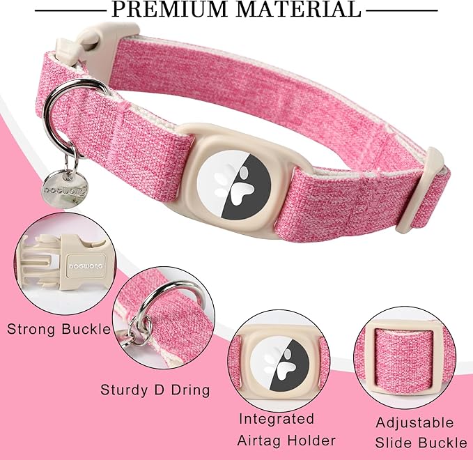 DOGWONG Airtag Cotton Hemp Dog Collar, Heavy-Duty Dog Collar with Airtag Holder Pink Natural Fabric Pet Collars for Small Medium Large Dogs