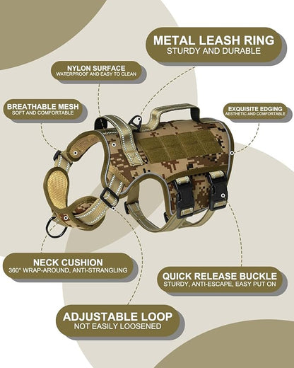 Tactical Dog Harness Medium Sized, Heavy Duty No Pull Dog Harness with Handle, Easy On and Off Service Dog Vest with Molle System, Reflective Pet Vest for Walking Hiking Training