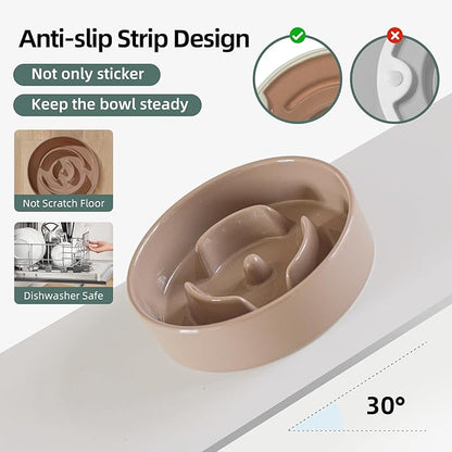 Ceramic 0.9 Cup Raised Dog Slow Feeder Set, Elevated Bowl with Wooden Stand for Small Dog and Cat, 6.1inch Puzzle Slow Dog Food Dish, Preventing Choking(Brown Coffee, Single Bowl+ Stand)