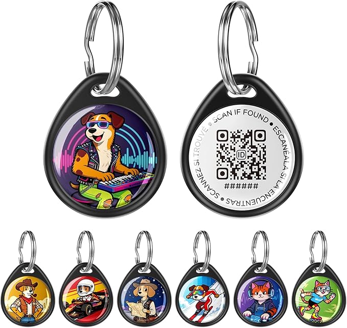 QR Code Dog Tag and Cat Tag, Scan to Reunite Faster, Waterproof and Durable, Lightweight and Quiet, Updatable Contact Info, with Eye-Catching Pet Character Design, Black-Party DJ