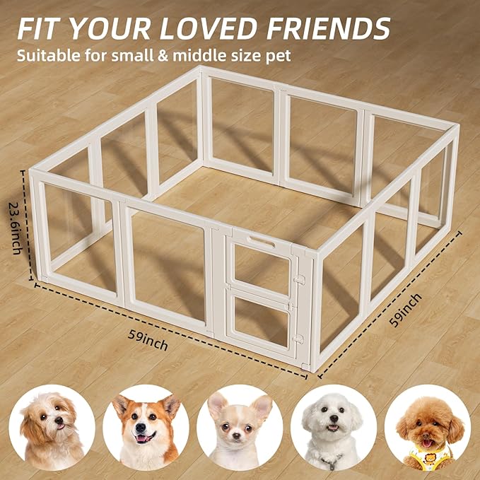 LoveTail Clear Acrylic Dog Playpen Indoor,Transparent Dog Pen,Easy to Assemble and Clear pet Pen for Puppy Dog, Rabbit and cat,Sturdy and Easy to Clean Plastic pet Fence (White, 23.6" H, 12PCS)