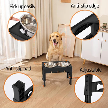 LAKIPETN Elevated Dog Bowls with 2 Stainless Steel Bowls, Raised Dog Food Bowl Stand 5 Height Adjustable (3.1", 9", 10", 11", 12") Non-Slip Feeder Station Set for Medium and Large Dogs - Black