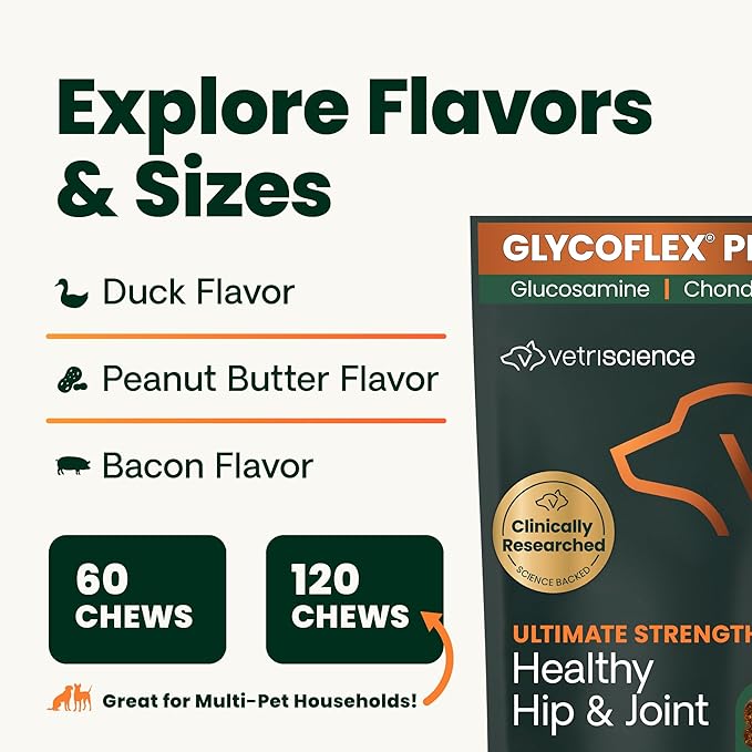 VetriScience Ultimate Strength Healthy Hip & Joint Chews, GlycoFlex Glucosamine, Chondroitin and Green-Lipped Mussel Joint Support Supplement for Dogs, Soothe Joint Discomfort, Duck, 60 Count