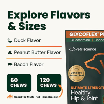 VetriScience Ultimate Strength Healthy Hip & Joint Chews, GlycoFlex Glucosamine, Chondroitin and Green-Lipped Mussel Joint Support Supplement for Dogs, Soothe Joint Discomfort, Bacon, 120 Count