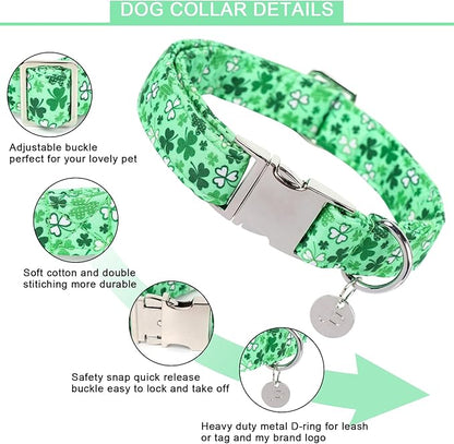 UP URARA PUP St. Patrick's Dog Collar, Cotton St. Patricks Clover Collar for Puppy Girl Boy Dog or Cat, Lucky Shamrock Dog Collar with Metal Buckle, Green, Spring, M