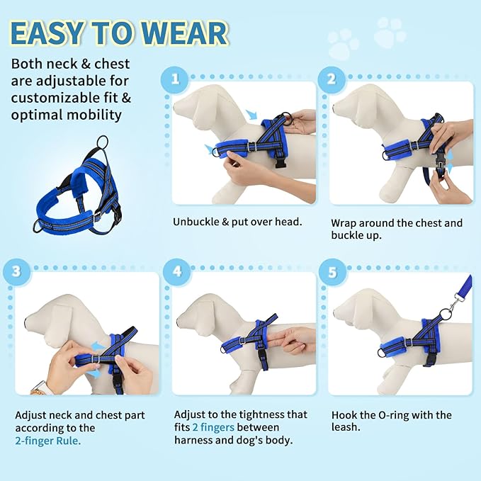 Lukovee No Pull Dog Harness and Leash Set, Soft Padded Small Dog Harness, Neck & Chest Adjustable Reflective Vest Puppy Harness with 4ft Lightweight Anti-Twist Dog Leash for Small Dogs (XS, Blue)