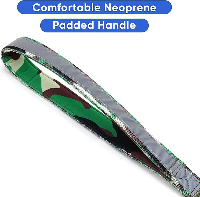 Pawtitas Camo Green Dog Leash 6 ft Custom ID Lead for Dogs & Puppies Reflective Comfortable Padded Handle Embroidered Name & Phone Number