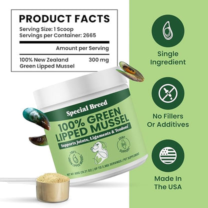 Green Lipped Mussel Powder for Dogs & Cats - 100% New Zealand Green Lipped Mussels - Natural Hip & Joint Supplement for Joints, Tendons, Ligaments, Muscles - 800 Grams (Pack of 2)