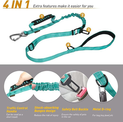 AUBELL Tactical Dog Leash Heavy Duty,4-6ft Reflective Strong No Pull Bungee Leash for Medium Large Dogs with Comfortable Padded Double Handle,Car Seat Belt,360 Degree Rotating Carabiner,Teal