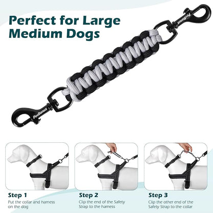 PetBonus Dog Collar Safety Clip, Handmade Backup Safety Strap for Dog Harness, Prong, Pinch Collar, Double Ended Clasp Leash Connector (Black, Grey)