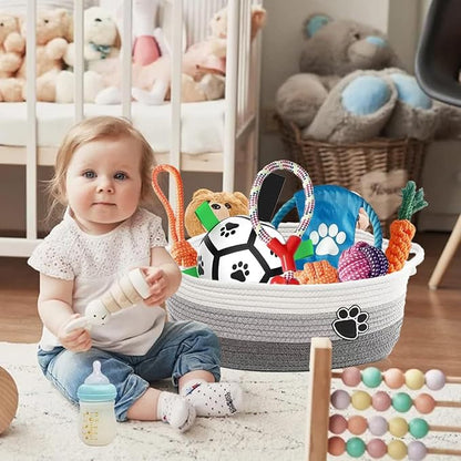 Domchan 7 Pcs Puppy Dog Toys Storage Basket Set Dog Gift Chew Toys for Teething Squeaky Plush Duck Rope Woven Basket with Handles for Small Puppy