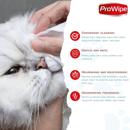 Prowipe Pet Wipes, Dog Wipes, Cat Wipes, Grooming & Cleaning Wipes for Paws and Butt with Aloe Extract & Vitamins, Perfect as Eye, Ear Wipes, Suitable for Puppy, Kitten, Dogs and Cats, 4Pack x 40-160