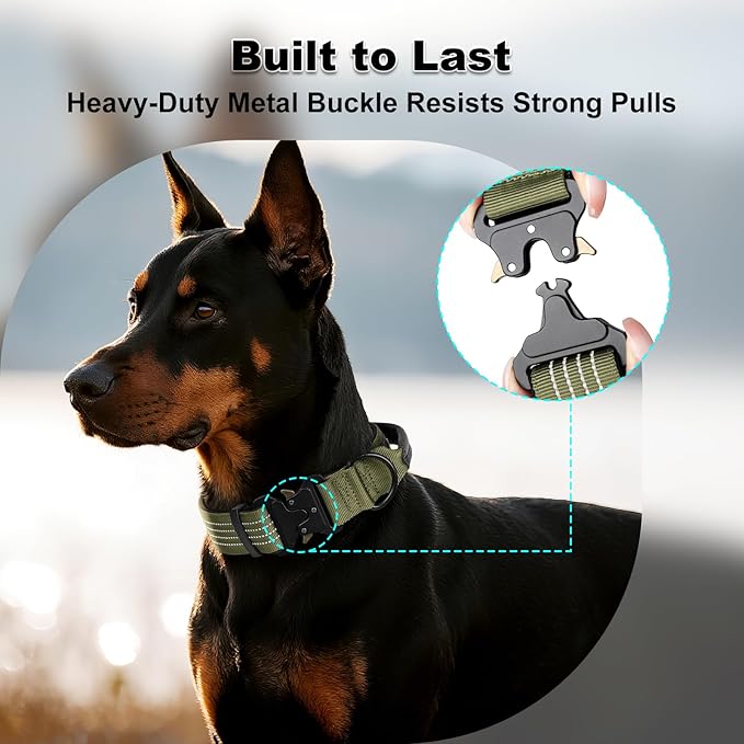 Plutus Pet Tactical Dog Collar with Tracker Pocket for AirTag, Adjustable Reflective Nylon Collar, Metal Buckle, Leather-Wrapped Handle, Soft Padded for Medium Large Dogs (Ranger Green, M)