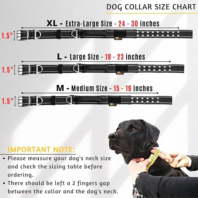 ADITYNA Heavy Duty Dog Collar for Extra-Large Dogs - Reflective Black XL Collar with Handle for Training, and Walking - Wide, Thick, Tactical, Soft Neoprene Padded