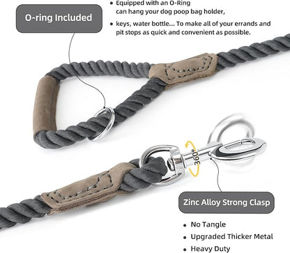 Mile High Life Dog Leash, Braided Cotton Rope Leashes with Leather Handle - Heavy Duty Metal Clasp, 4FT, 1/2" Thick - Wedding, Walking & Training Leash for Small Medium Large Dogs (Gray)